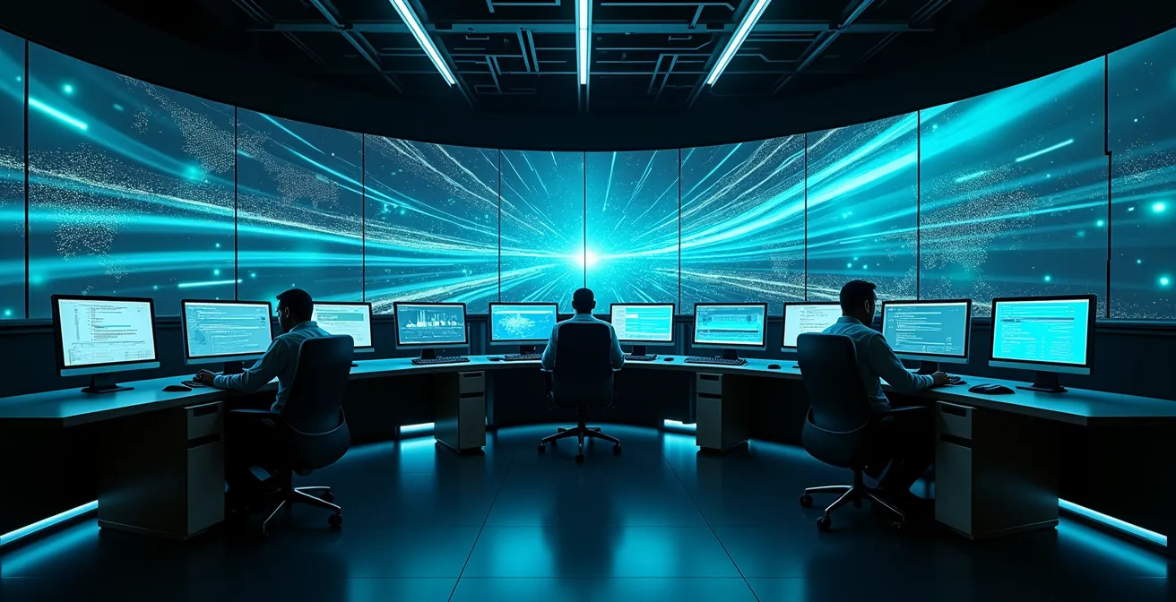 Moderne Verkehrsleitstelle mit Echtzeitdaten-Displays und Netzwerk-Visualisierungen