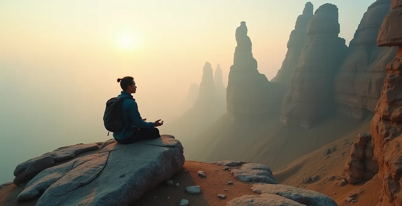 Ein einsamer Wanderer auf einem versteckten Felsenvorsprung in Wulingyuan, umgeben von aufsteigendem Morgennebel