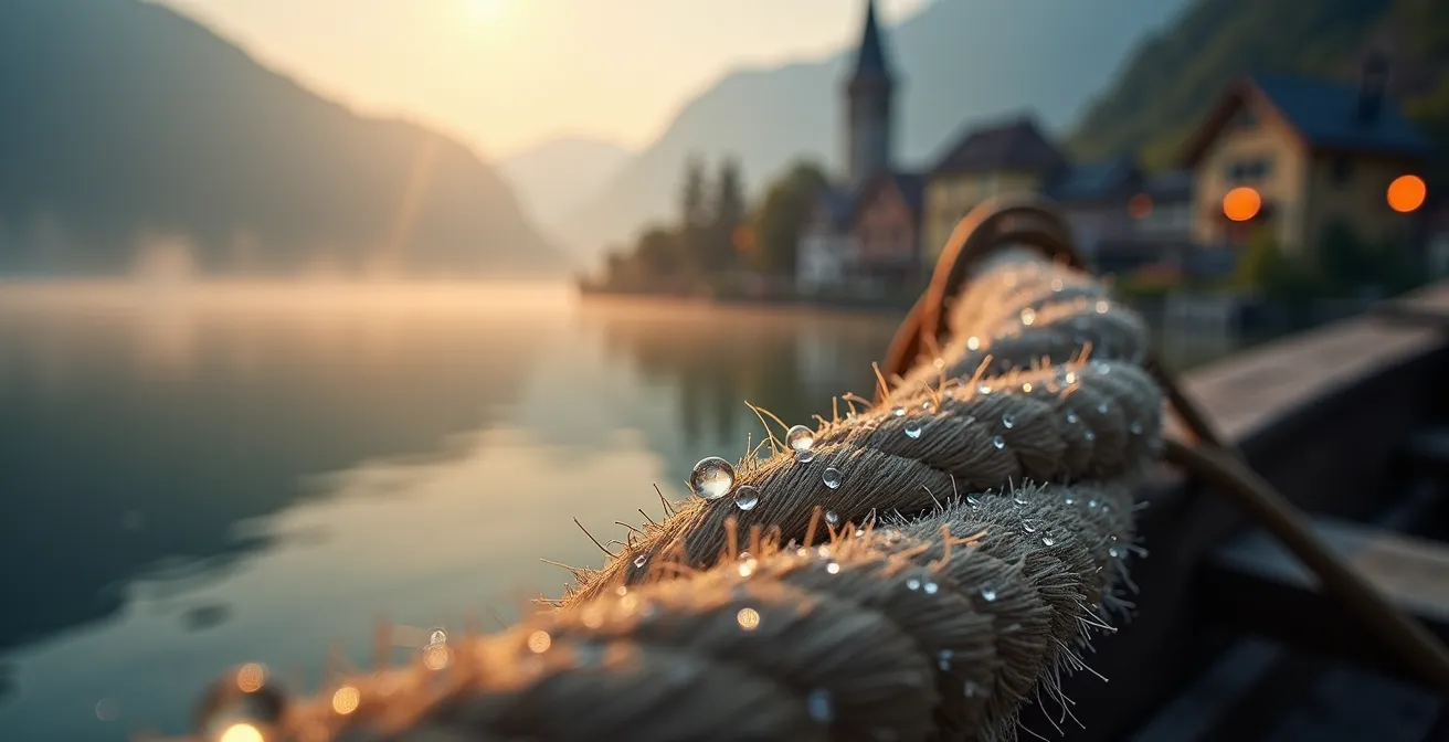 Hallstätter See in der Morgendämmerung mit perfekter Spiegelung der Häuser und dem Kirchturm im goldenen Licht
