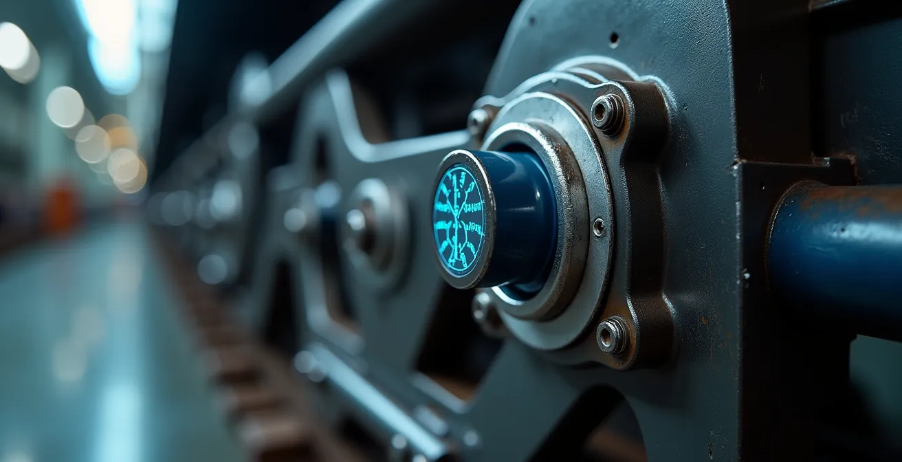 Nahaufnahme von Wartungssensoren an Zugkomponenten mit abstrakten Datenvisualisierungen