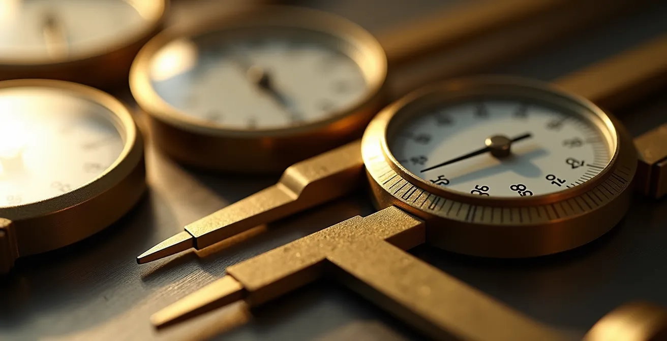 Makroaufnahme von präzisen Messinstrumenten und Datenpunkten auf einer metallischen Oberfläche, die eine Kultur des kontinuierlichen Feedbacks symbolisiert.