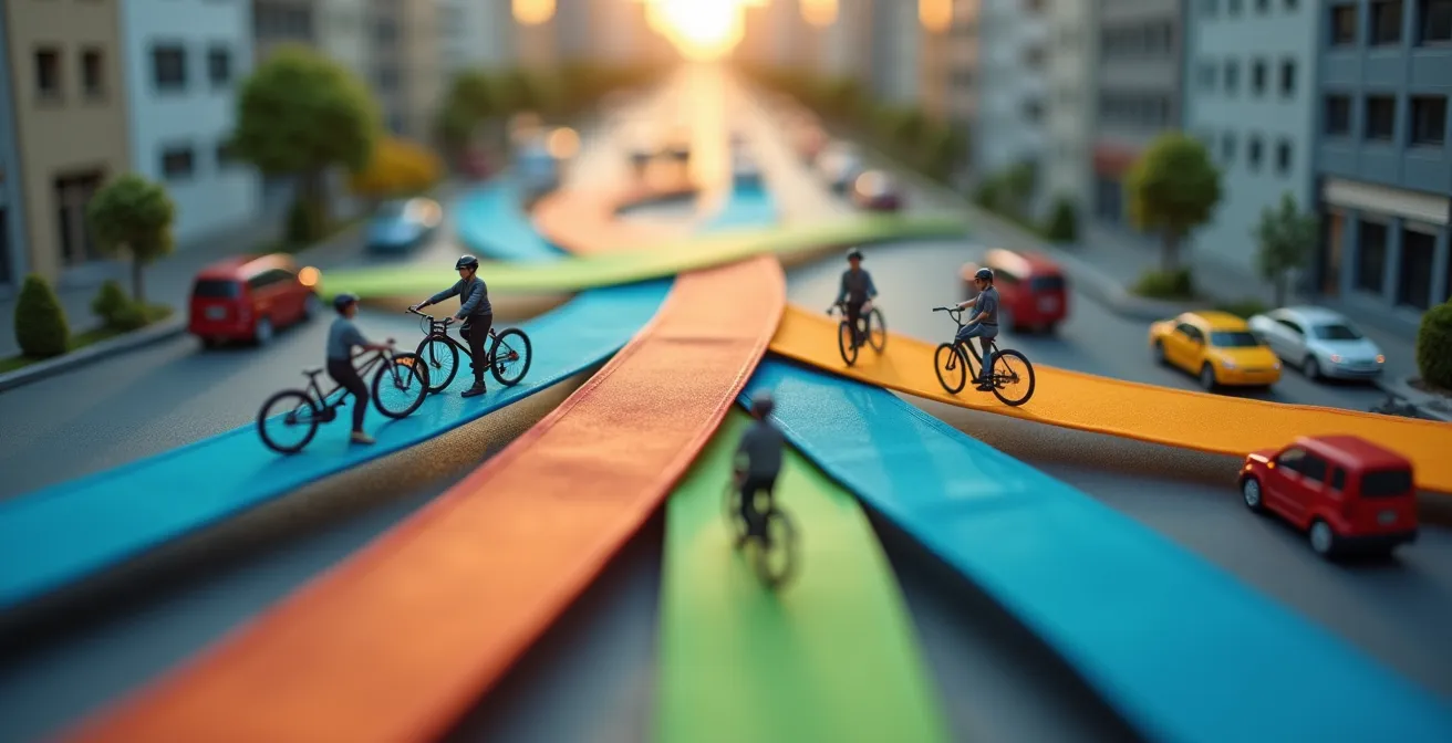 Abstrakte Darstellung verschiedener Verkehrsmittel durch farbige Bewegungsmuster in einer Stadt