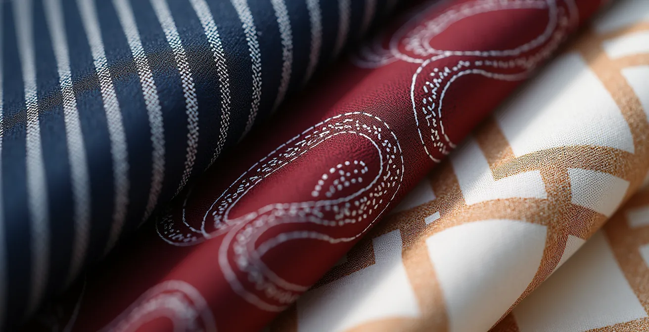 Detailaufnahme verschiedener Stoffmuster in harmonischer Kombination