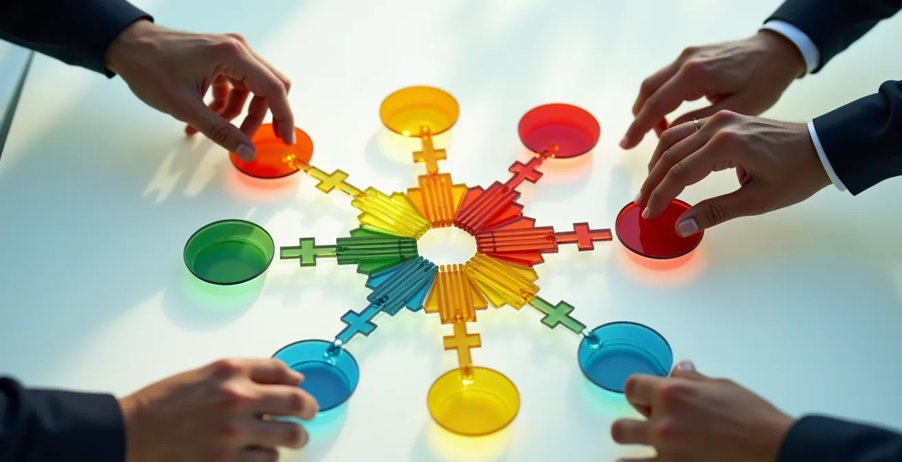 Ein OKR-Board mit visuellen Zielen und Fortschrittsanzeigen, die als bunte, ineinandergreifende Glasteile dargestellt sind.