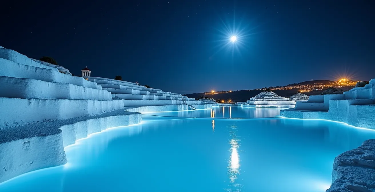 Die menschenleeren Terrassen von Pamukkale im fahlen Vollmondlicht