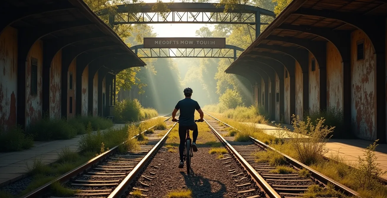 Radfahrer erkundet vergessene Industrieruine in heimischer Region bei dramatischem Nachmittagslicht