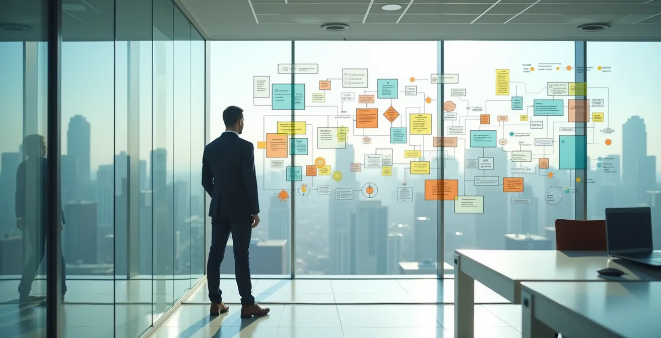 Geschäftsperson analysiert Prozessdiagramme mit digitalen Werkzeugen