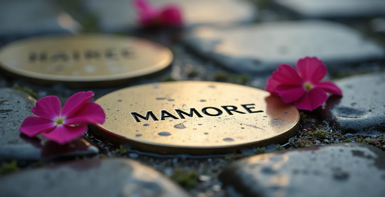 Detailaufnahme von Stolpersteinen im Kopfsteinpflaster mit Blumen als Gedenken