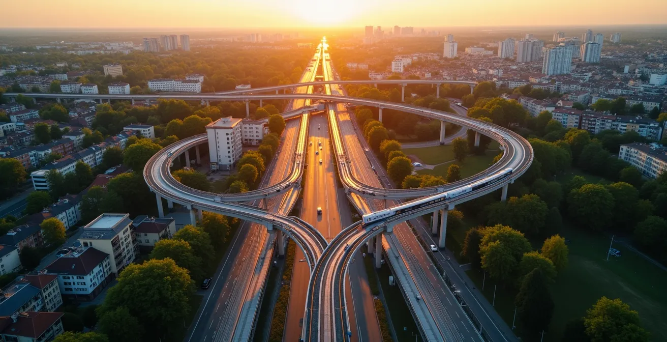 Luftaufnahme einer deutschen Stadt mit visualisierten Querverbindungen im ÖPNV-Netz