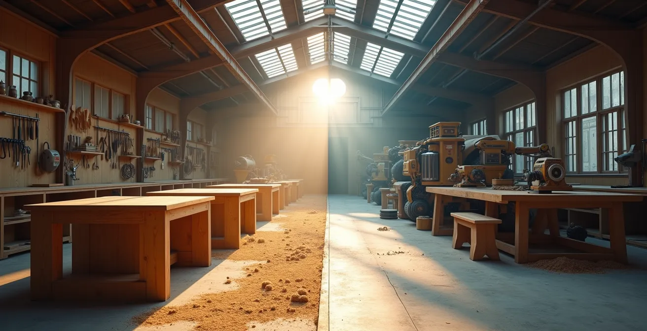 Kontrast zwischen handwerklicher Tischlerei und automatisierter Möbelproduktion