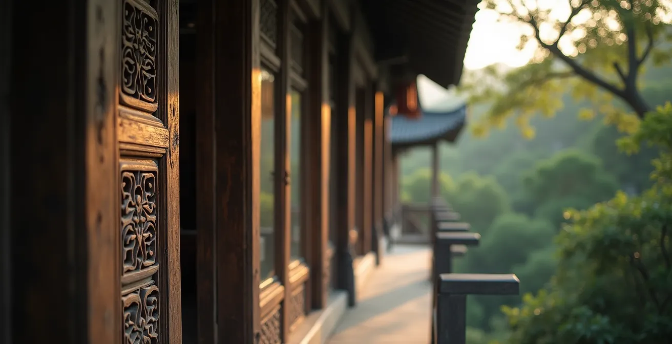 Traditionelles Tujia-Holzhaus auf Stelzen in der Abenddämmerung nahe Wulingyuan