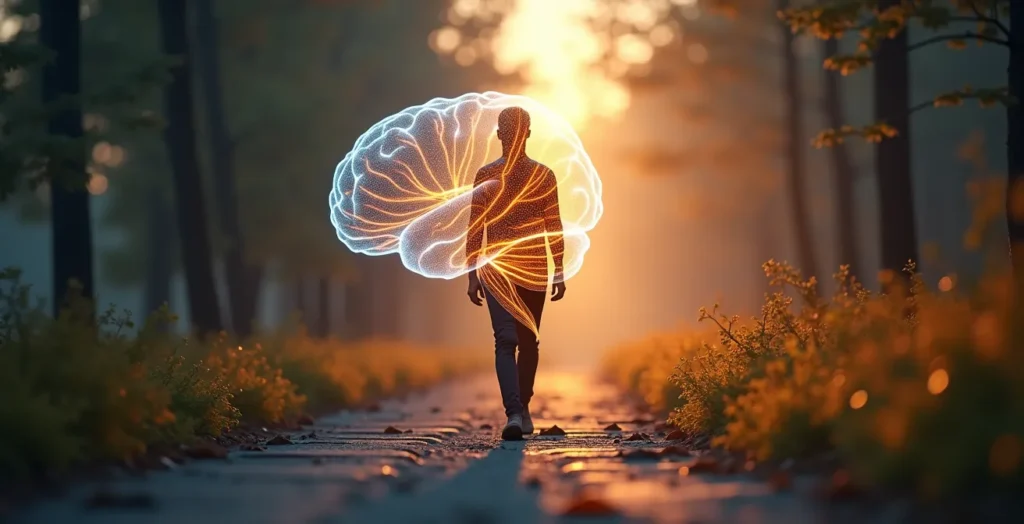 Eine Person beim Spaziergang mit visualisiertem Gehirn, wobei der präfrontale Kortex gedimmt ist und das Default Mode Network aktiviert leuchtet. Eine Person beim Spaziergang mit visualisiertem Gehirn, wobei der präfrontale Kortex gedimmt ist und das Default Mode Network aktiviert leuchtet.