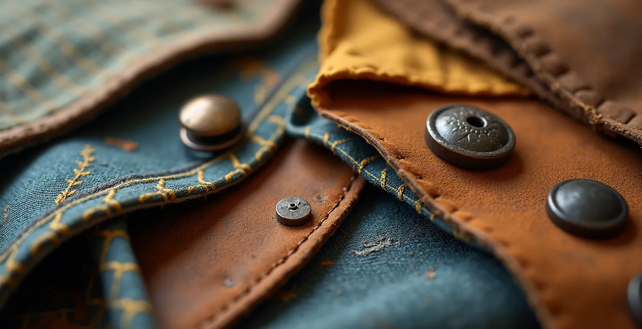 Makroaufnahme von Vintage-Stofftexturen und handwerklichen Details, die Qualität und Charakter zeigen