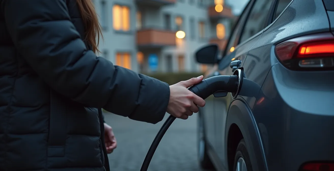 Wallbox-Installation an deutschem Mehrfamilienhaus mit geparkten Elektrofahrzeugen