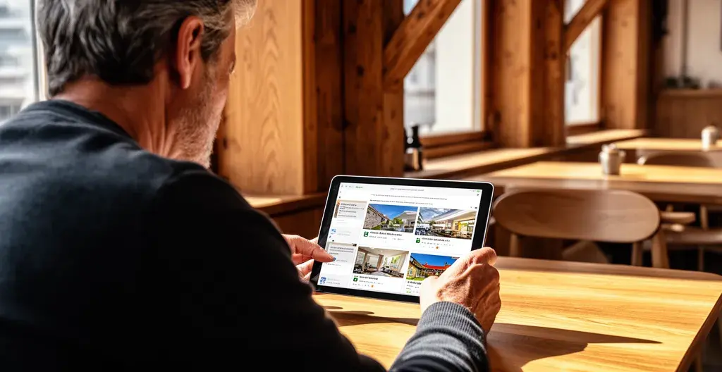 Person recherchiert Schweizer Immobilienmakler auf Tablet – typische Suchsituation für deutsche Käufer