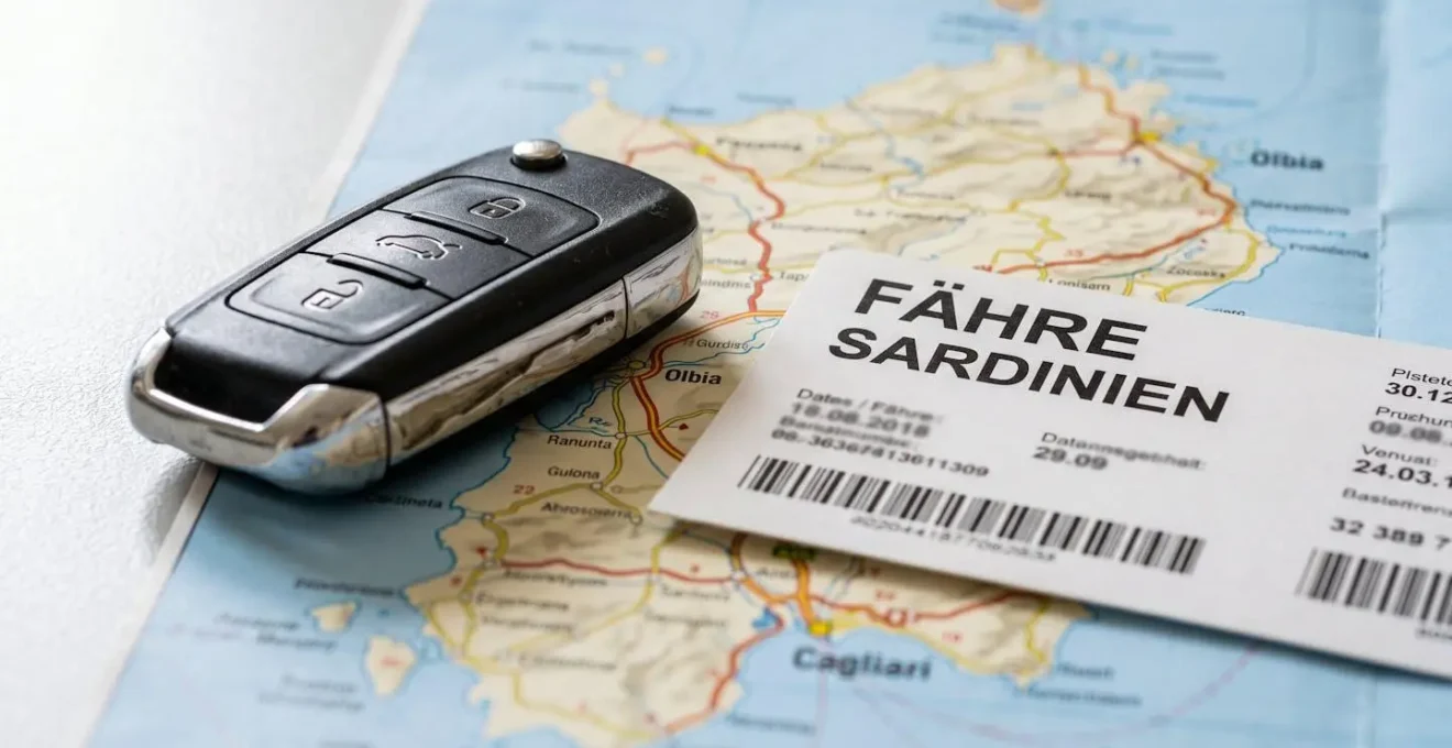 Nahaufnahme eines Autoschlüssels und Fährtickets auf einer Landkarte von Sardinien liegend, moderner Schreibtisch, helles Tageslicht