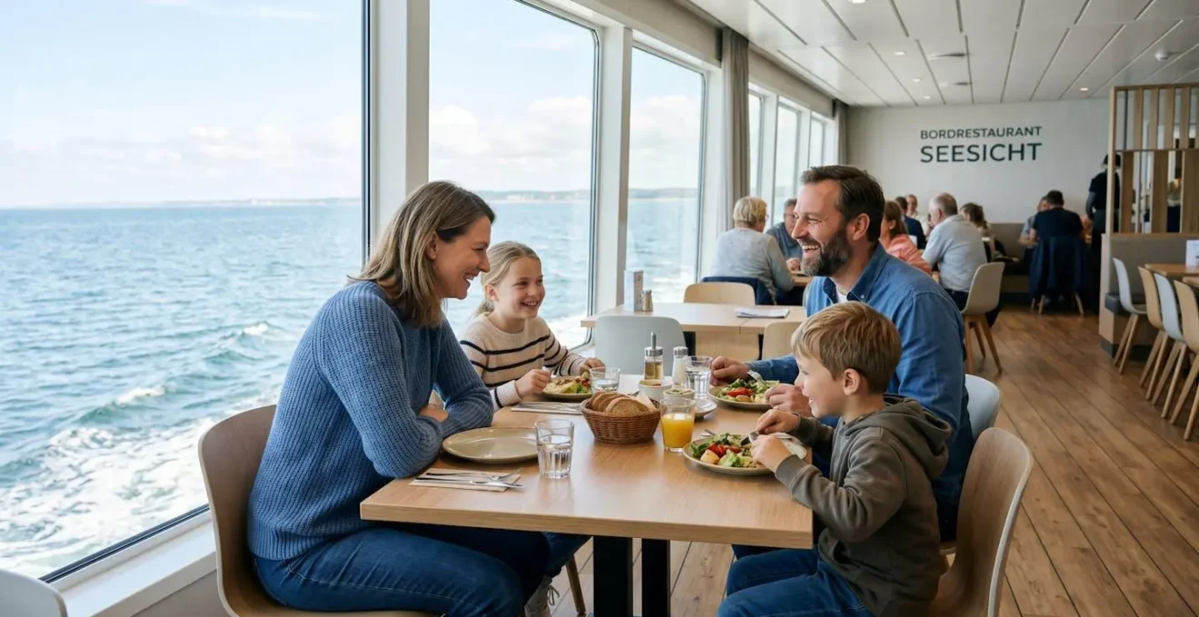 Familie sitzt an einem Tisch im Fährrestaurant, grosse Fenster mit Meerblick, entspannte Atmosphäre, natürliches Tageslicht