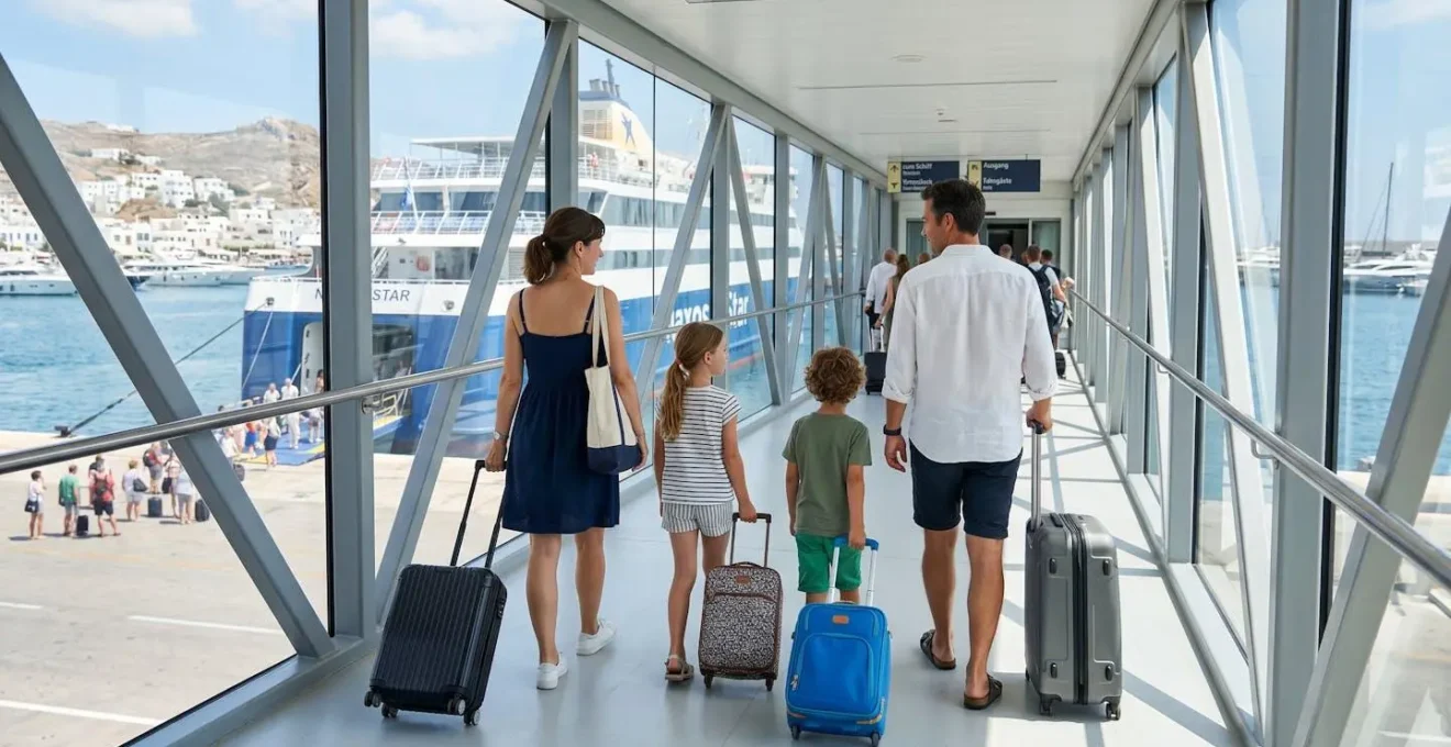 Eine Familie von hinten fotografiert mit Rollkoffern, die über eine moderne Passagierbrücke in Richtung Fähre geht, natürliche Hafenbeleuchtung