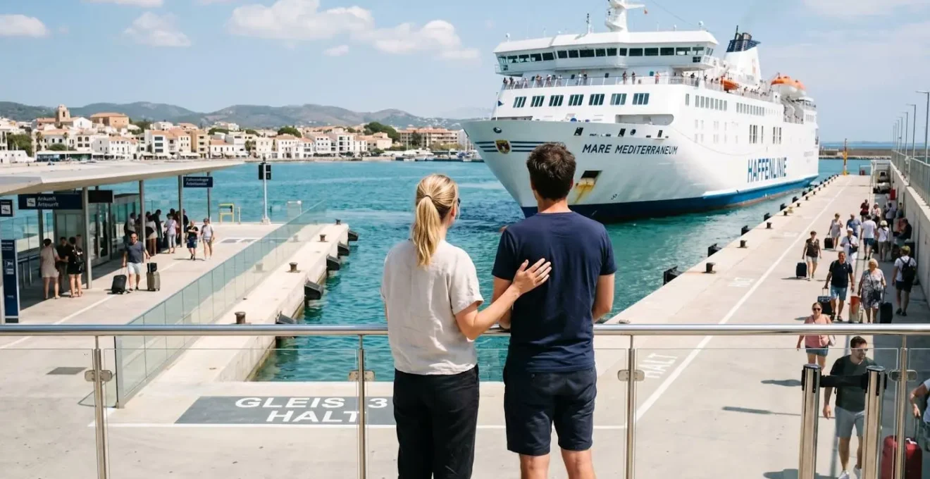 Ein Paar von hinten betrachtet steht am Hafenkai und blickt auf eine große weiße Fähre, die im Mittelmeerhafen anlegt, heller Sommertag