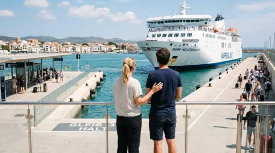 Ein Paar von hinten betrachtet steht am Hafenkai und blickt auf eine große weiße Fähre, die im Mittelmeerhafen anlegt, heller Sommertag
