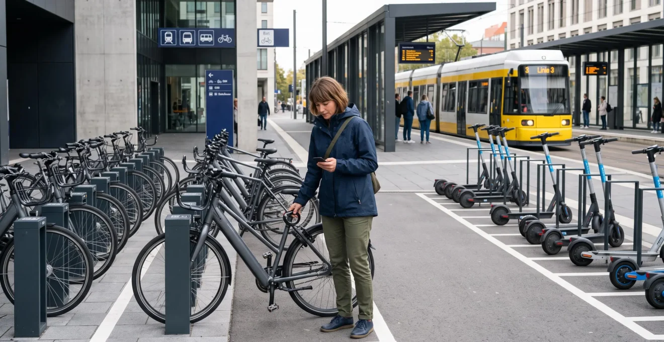 Eine Person entsperrt ein Leihfahrrad per Smartphone an einer organisierten Mobilitätsstation mit Fahrrädern und E-Scootern in der Nähe einer Haltestelle des öffentlichen Verkehrs