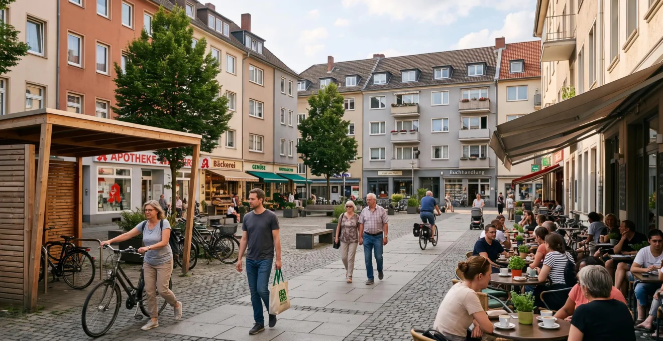 Ein lebendiger Quartiersplatz in einer deutschen Stadt mit Geschäften, Cafés und Fahrradabstellanlagen, wo Anwohner zu Fuss und mit dem Fahrrad ihre täglichen Besorgungen erledigen
