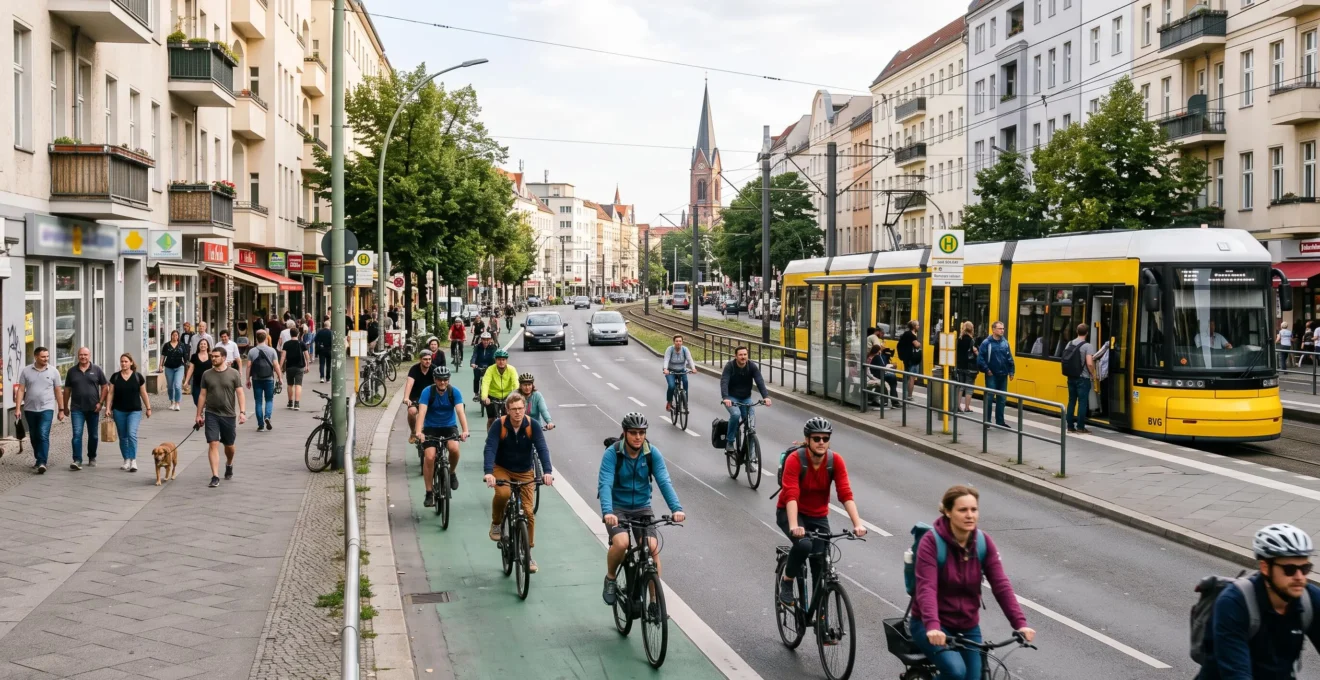 Eine umgestaltete Stadtstraße in einer deutschen Stadt zeigt verschiedene nachhaltige Mobilitätsformen - Radfahrer auf geschütztem Radweg, Fußgänger auf breiten Gehwegen und öffentliche Verkehrsmittel